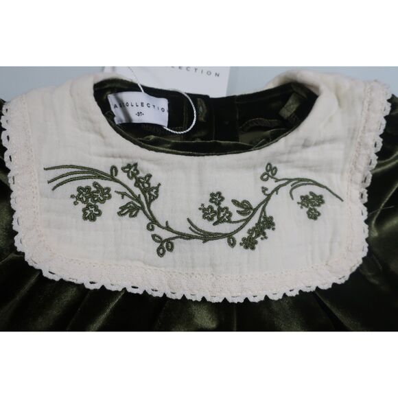 Ali Specials Green Velour Romper Cream Embroidered Bib Toddler Girls 3T NWT - Picture 2 of 4